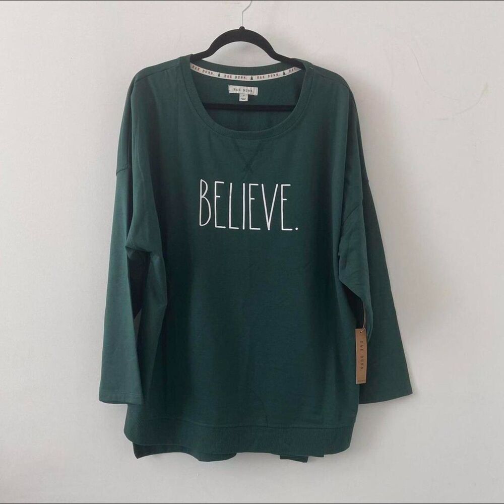 Rae Dunn Women's "BELIEVE" Studio Raglan Pullover Tunic Sweatshirt Green Size XL